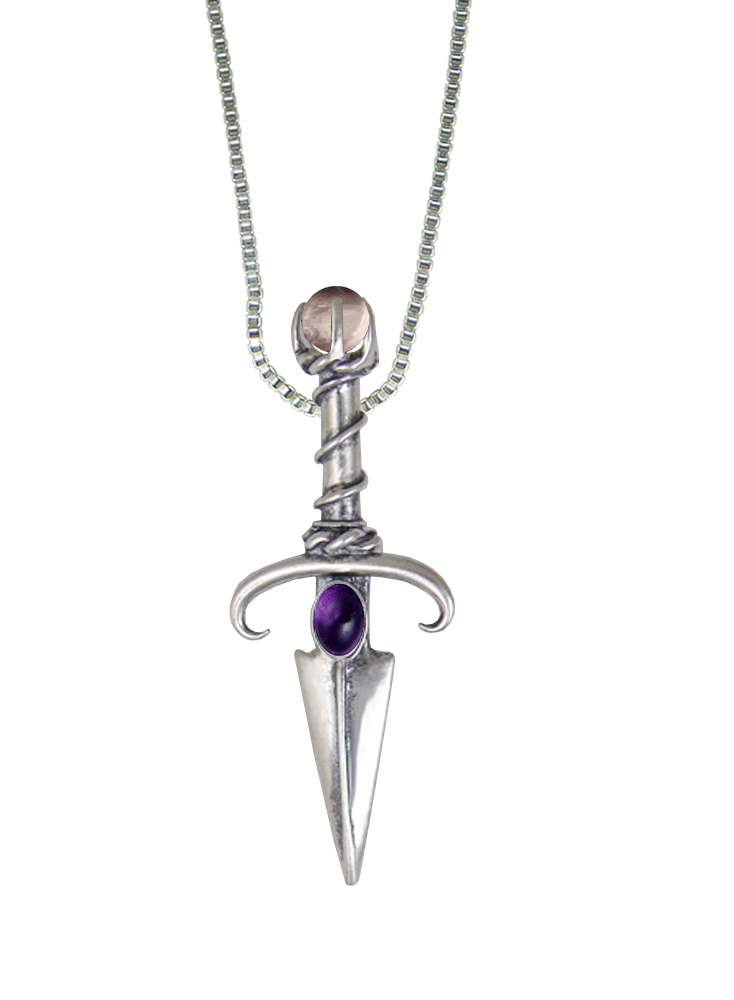 Sterling Silver Black Prince's Knife Dagger Pendant With Amethyst And Rose Quartz